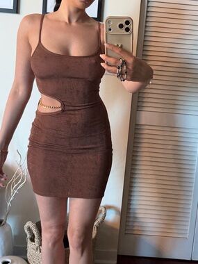 Brown Suede-Look Cutout Bodycon Dress